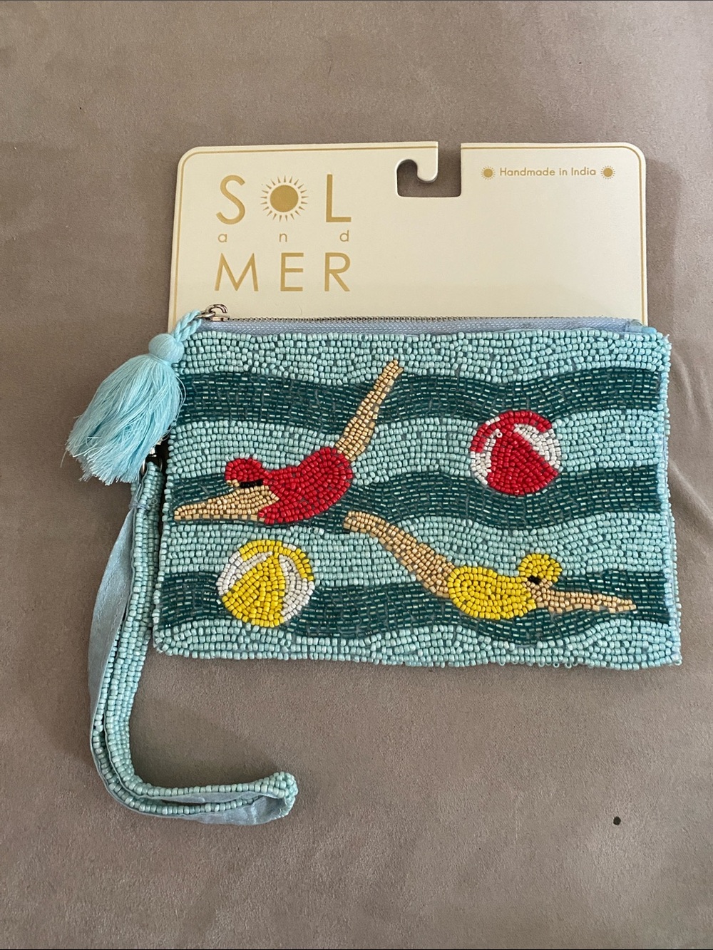 SOL and MER Beaded Swimmer Wristlet - Light Blue NWT. LARGE